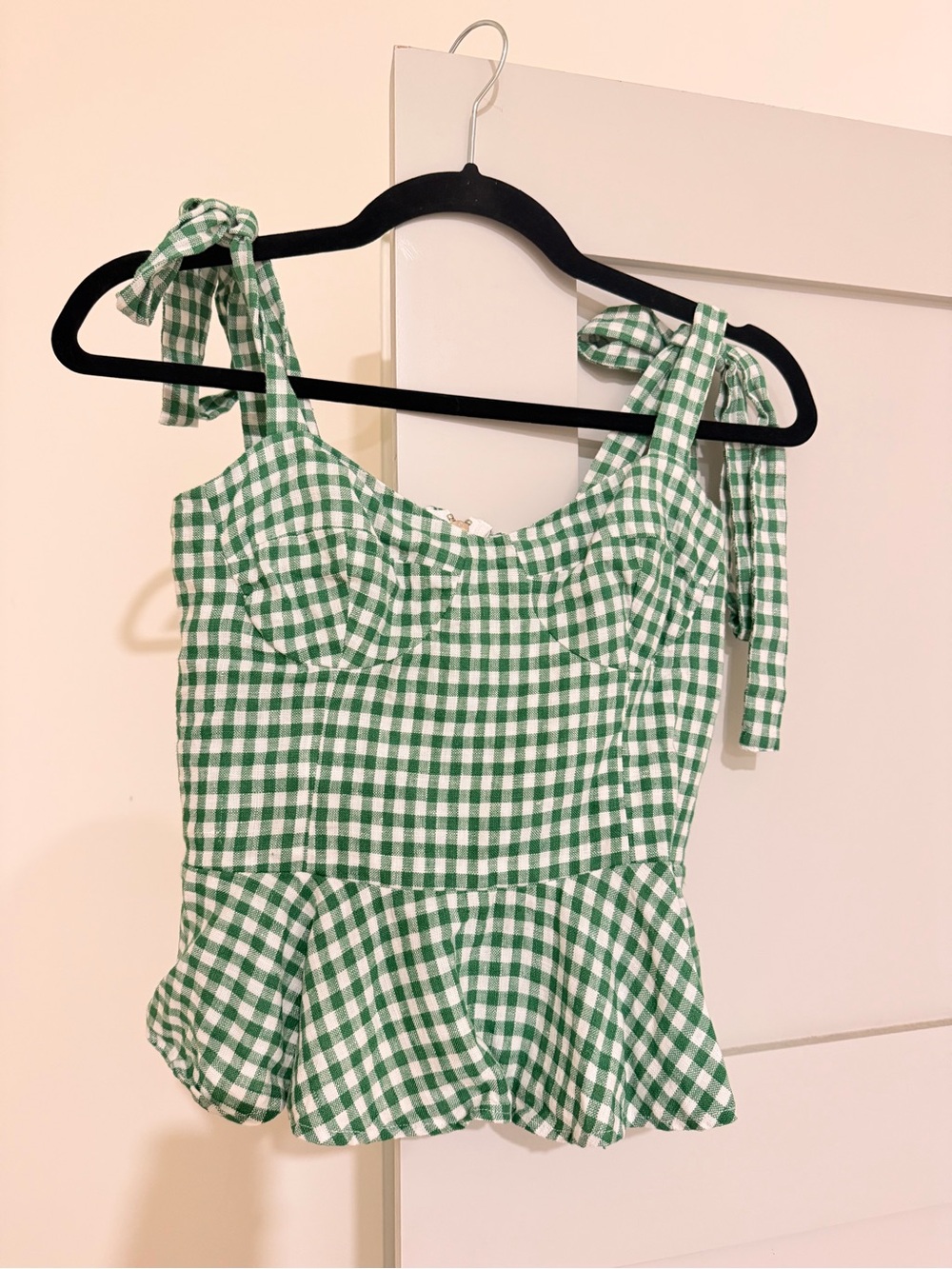 Reformation Kassi Gingham Linen Peplum Top in Green Plaid